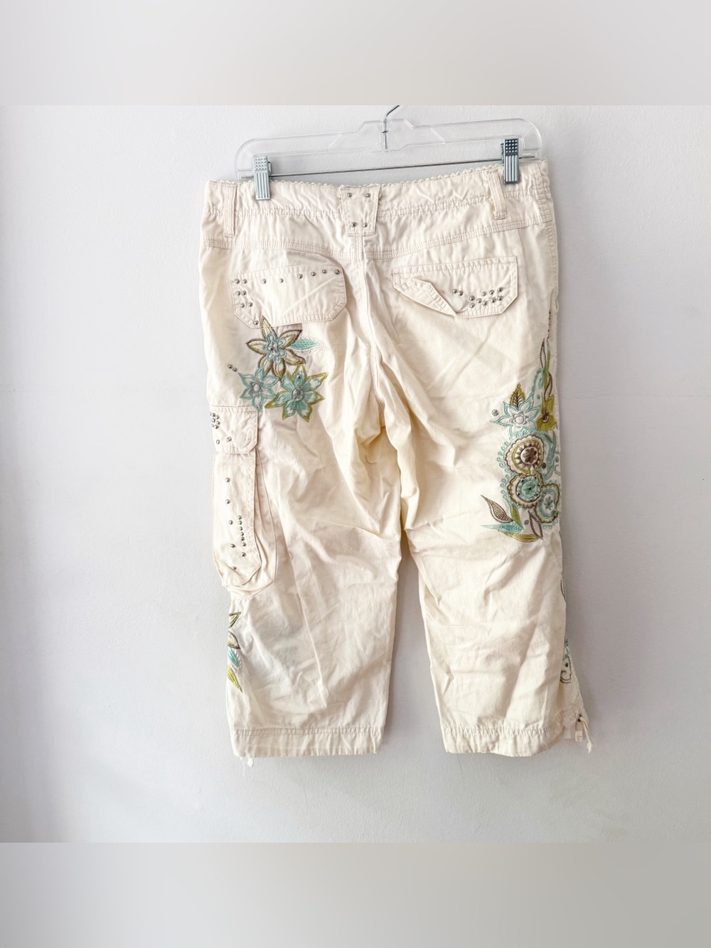 Vintage Women Y2K 100% Cotton Floral Embroidered Low Rise Pants Size 10 Grunge - Picture 4 of 6